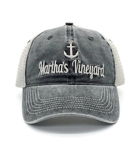 Marthas Vineyard Embroidered Charcoal Grey Washed Cotton Trucker Mesh Hat