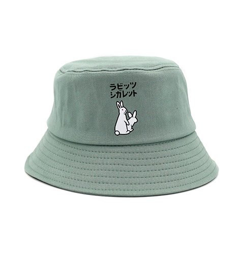 Green Cotton Printed Bunny Pattern Fashion Bucket Hat